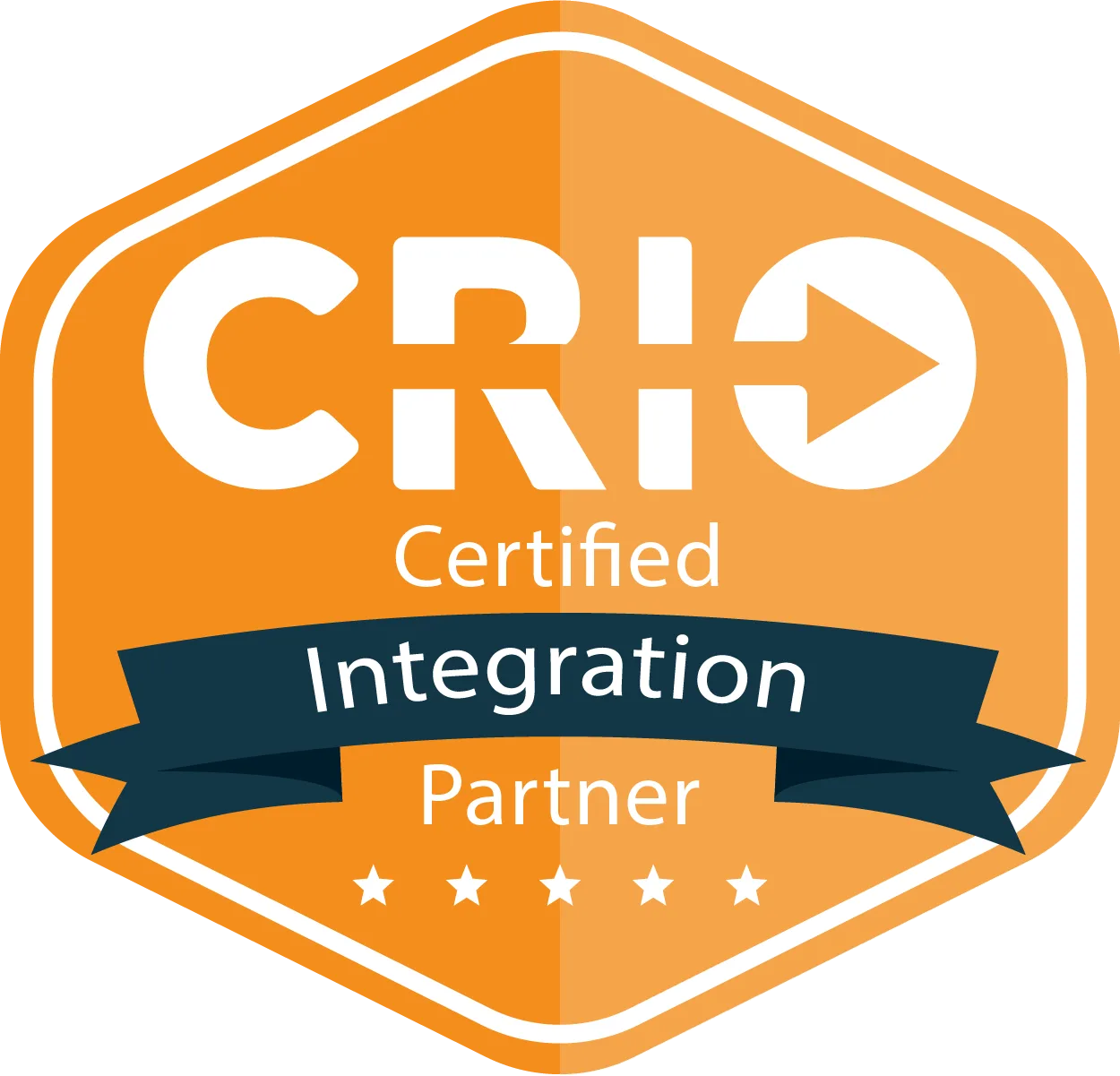 An orange hexagonal badge split vertically into two shades. A thick white outline frames the shape. At the top center is the white “CRIO” wordmark with its triangular “play” arrow icon. Below it, a dark teal ribbon bears the word “Integration.” Above and below the ribbon are the words “Certified” and “Partner” in white. Five small white stars line the bottom edge.