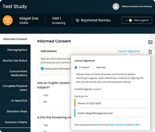 A clinical study software interface titled "Test Study" displays participant information for Abigail Doe (ID: 123456) during a screening visit. A pop-up window titled "Launch Signature" allows the user to select between "In Person" or "Remote" consent signature options. Contact details are shown for sending a PIN: a phone number (111-222-3333) and an email (abigaildoe@gmail.com). The interface includes navigation options like "Informed Consent," "Demographics," and "Complete Physical Exam" on the left side.