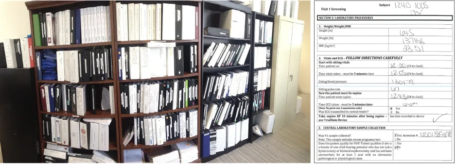 Wall of shelves filled with printed study binders and paper worksheets alongside a completed paper form for a clinical trial visit, illustrating how many sites still use word-processed, printed worksheets to record protocol data by hand.