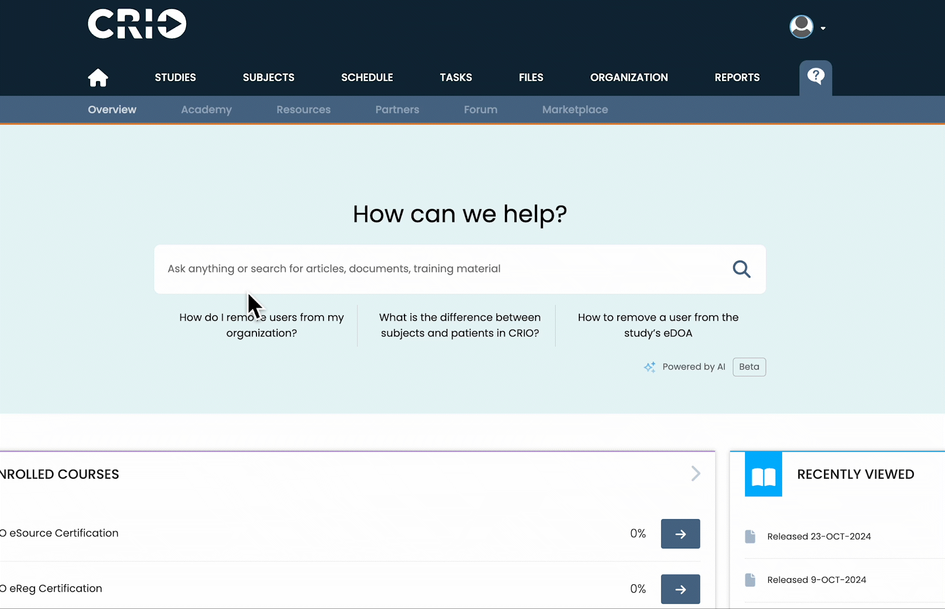 Animated Gif Showing how to access the AI Search Agent inside of the CRIO Help Center