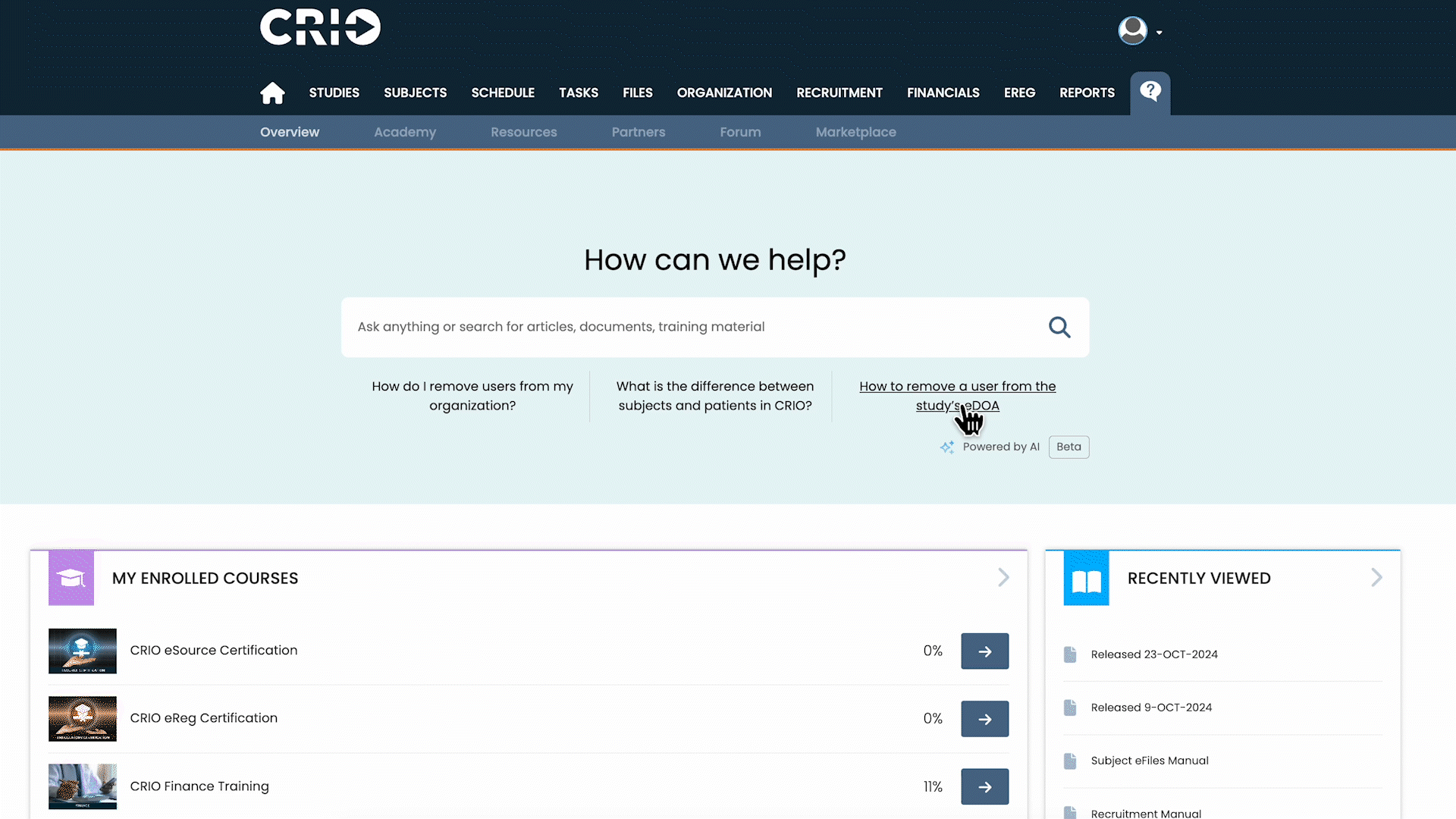 Animated GIF showing how to provide feedback on AI searches inside of CRIO