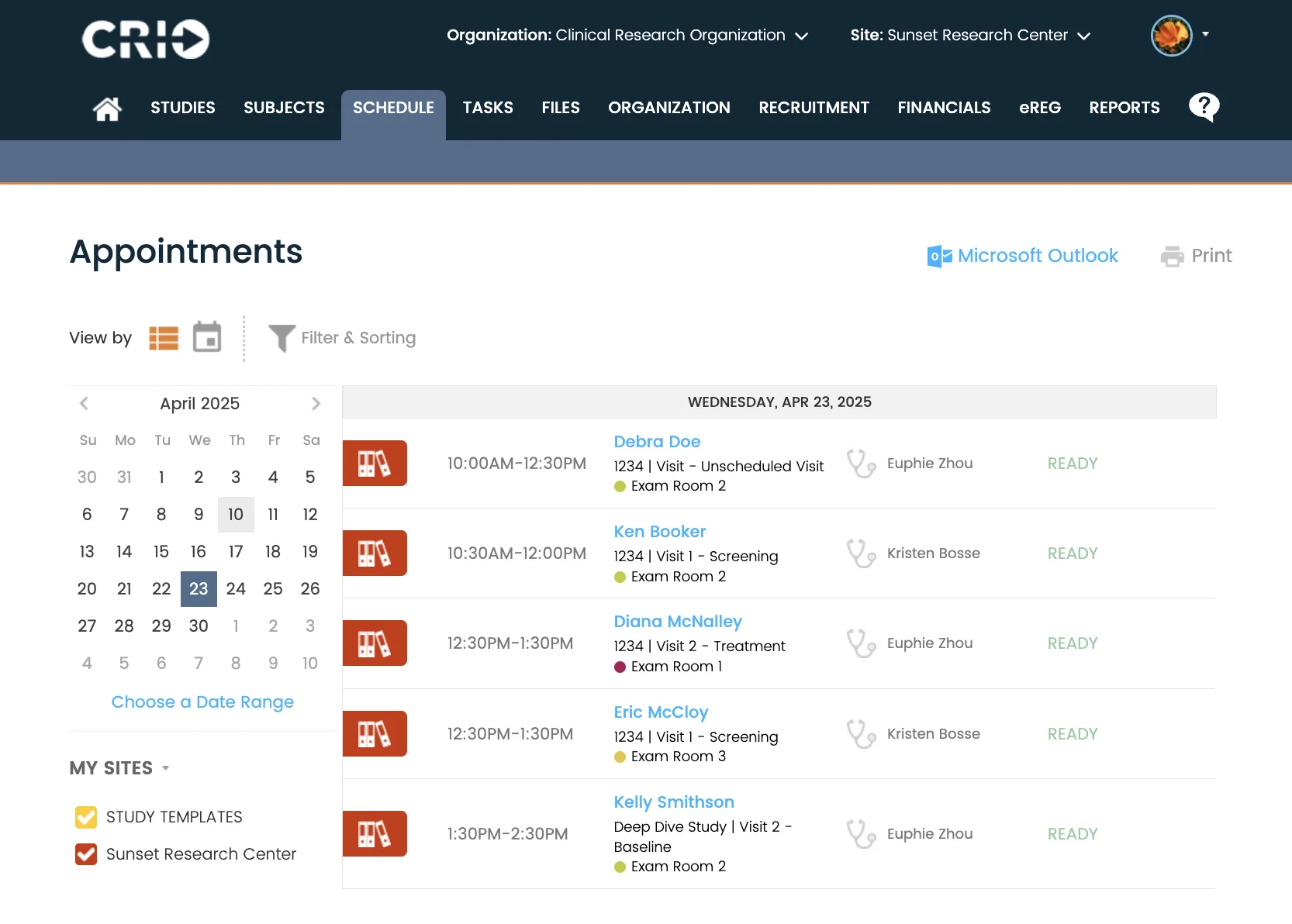 A screenshot of the CRIO CTMS “Schedule” tab. On the left is a mini calendar for April 2025 with the 10th and 23rd highlighted. Below is a “My Sites” selector. On the right is a list of appointments for Wednesday, Apr 23, 2025:

Debra Doe, 10:00 AM–12:30 PM, Visit – Unscheduled Visit, Exam Room 2, stethoscope icon, status READY

Ken Booker, 10:30 AM–12:00 PM, Visit 1 – Screening, Exam Room 2, status READY

Diana McNalley, 12:30 PM–1:30 PM, Visit 2 – Treatment, Exam Room 1, status READY

Eric McCloy, 12:30 PM–1:30 PM, Visit 1 – Screening, Exam Room 3, status READY

Kelly Smithson, 1:30 PM–2:30 PM, Visit 2 – Baseline, Exam Room 2, status READY