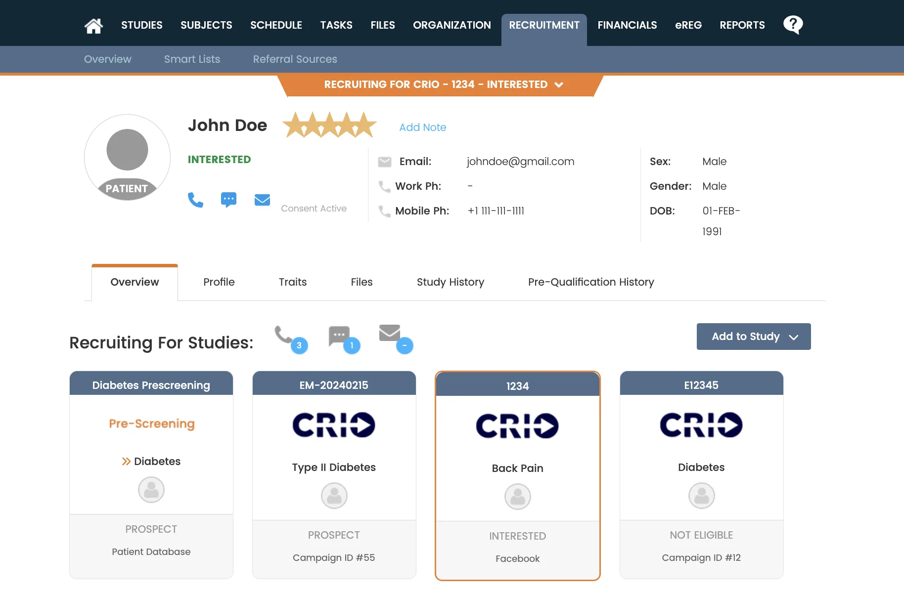A web‐app screenshot of the CRIO CTMS “Recruitment” tab. At top left is a circular placeholder avatar labeled “PATIENT.” Next to it is “John Doe” with a five‐star rating and status “INTERESTED.” Contact icons (phone, chat, email) appear below. To the right are email and phone details, plus Sex, Gender, and DOB. Below is a tab bar (“Overview,” “Profile,” etc.) and a “Recruiting For Studies” section showing four study cards: “Diabetes Prescreening” (Pre‐Screening, Prospect), “EM-20240215 Type II Diabetes” (Prospect), “1234 Back Pain” (Interested), and “E12345 Diabetes” (Not Eligible).