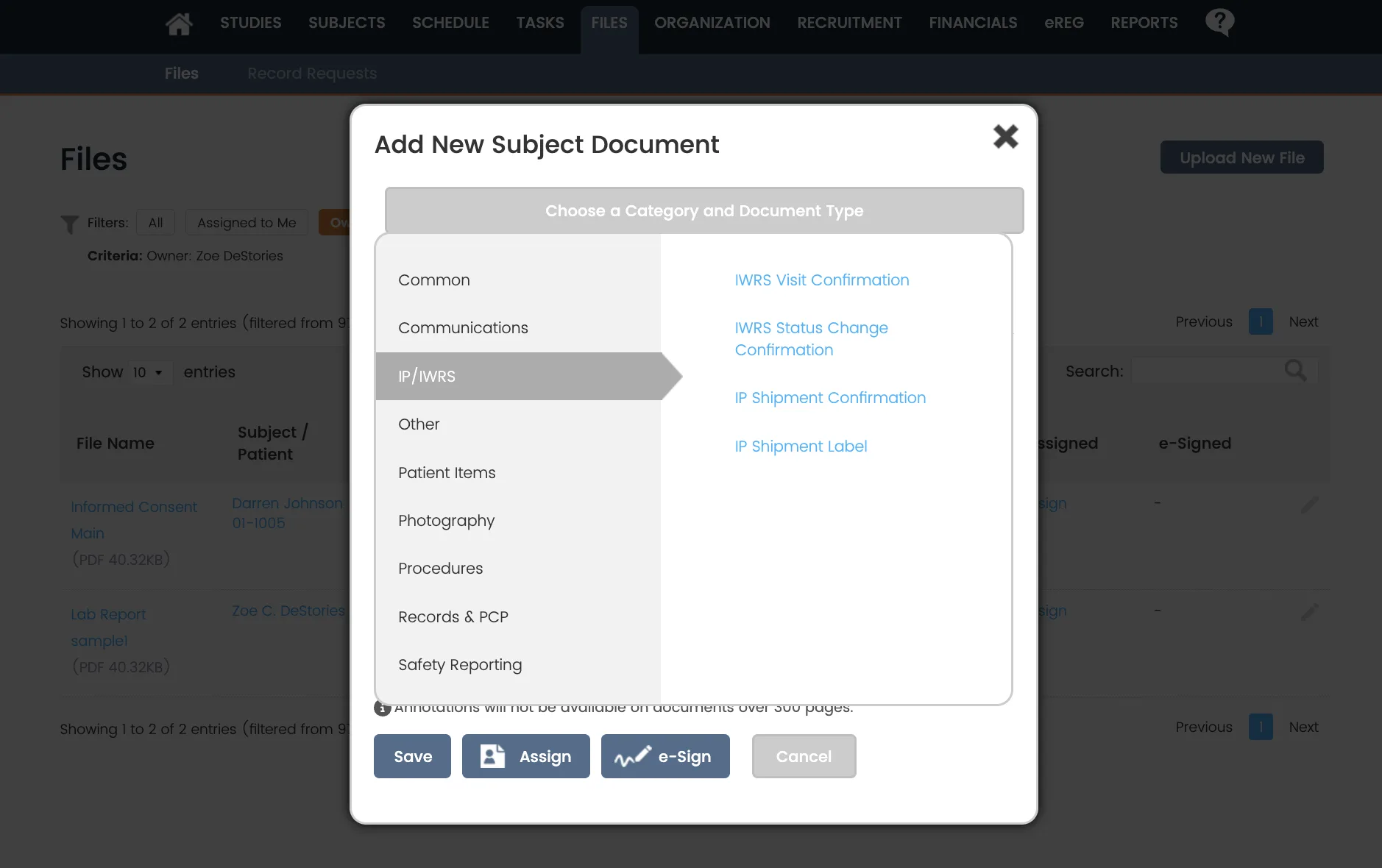 A pop-up window titled “Add New Subject Document.” The left pane lists document categories (“Common,” “Communications,” “IP/IWRS” highlighted, “Other,” etc.). The right pane shows types under IP/IWRS: “IWRS Visit Confirmation,” “IWRS Status Change Confirmation,” “IP Shipment Confirmation,” and “IP Shipment Label.” At the bottom are action buttons: Save, Assign, e-Sign, and a disabled Cancel.