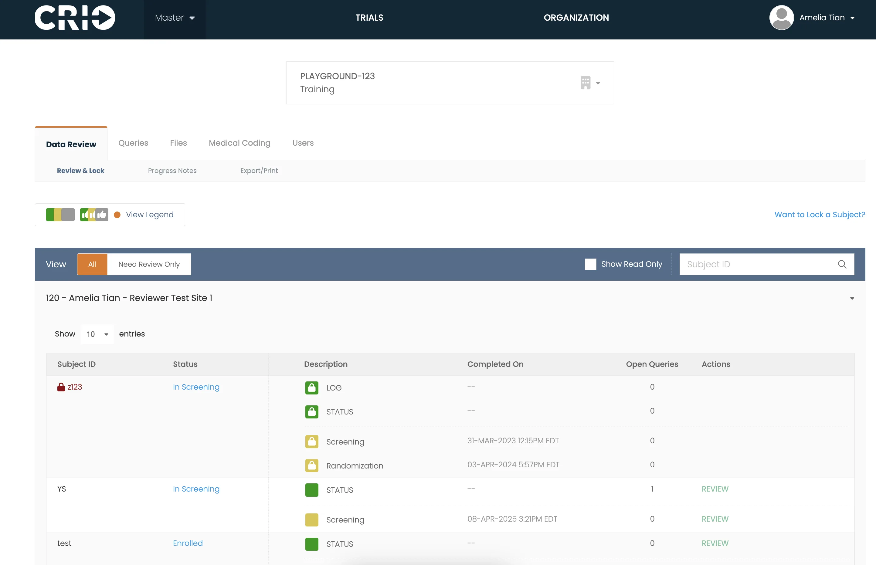 A screenshot of the CRIO web app in the “Data Review” → “Review & Lock” view for the “PLAYGROUND-123 Training” trial. The top nav shows the CRIO logo, a “Master” dropdown, “TRIALS” and “ORGANIZATION” headers, and the user avatar labeled “Amelia Tian.” Below it, the “Data Review” tab is active, with a small multicolor legend and filters for “All” vs. “Need Review Only,” a “Show Read Only” checkbox, and a Subject ID search field. The main panel is expanded for “120 – Amelia Tian – Reviewer Test Site 1” and displays a table with columns: Subject ID, Status, Description, Completed On, Open Queries, and Actions. Three subjects appear: z123 (locked icon) | In Screening | green lock icons for LOG and STATUS, yellow lock icons for Screening and Randomization | dates “31-MAR-2023 12:15 PM EDT” and “03-APR-2024 5:57 PM EDT” | 0 queries | no action YS | In Screening | green square icon for STATUS, yellow square for Screening | date “08-APR-2025 3:21 PM EDT” | 1 query | “Review” link test | Enrolled | green square icon for STATUS | – | 0 queries | “Review” link