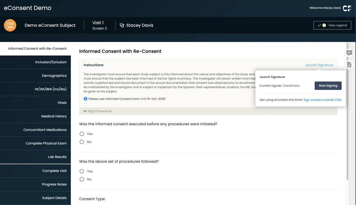 Streamlined Workflow - Coordinators can send, review, and countersign consent forms electronically without managing separate platforms