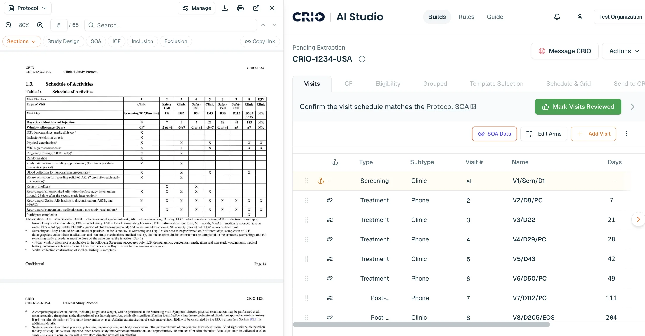 Side-by-side review of an eSource draft and the linked protocol section in AI eSource Builder