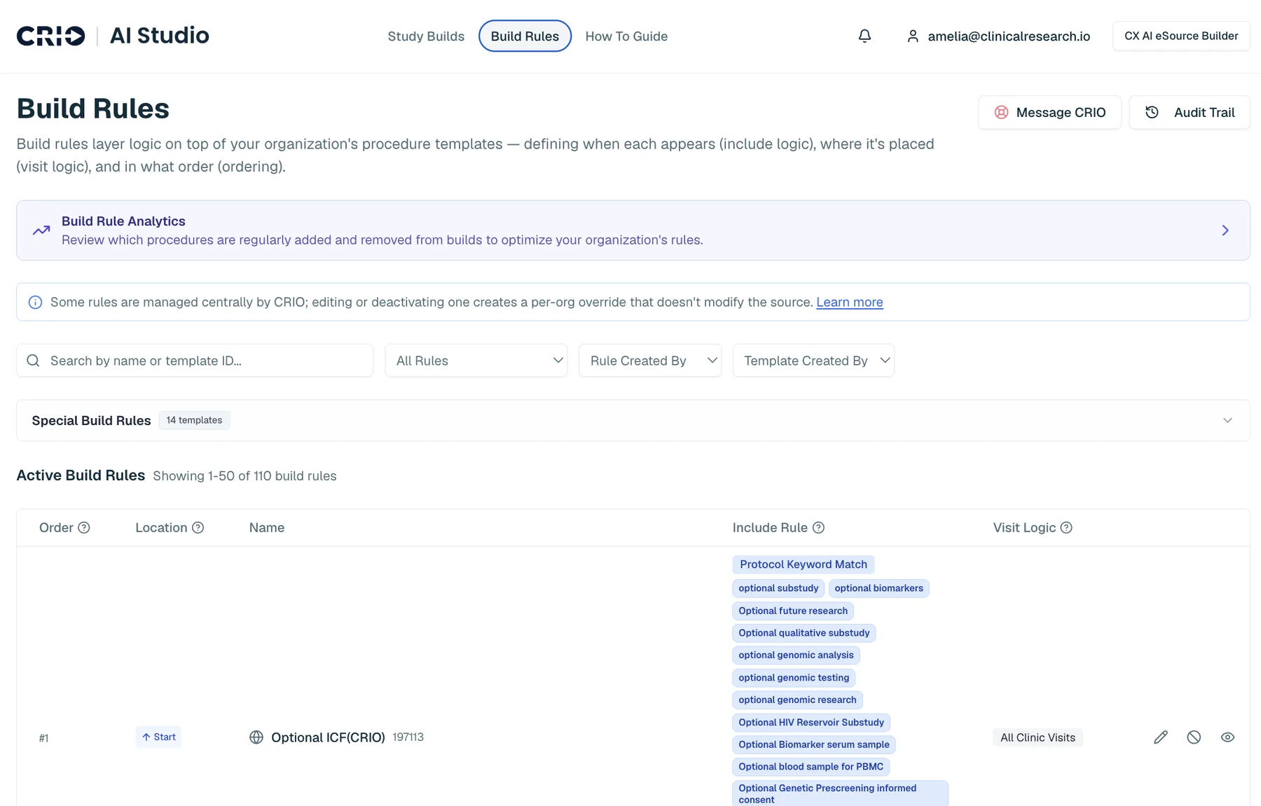 Organization-level build rules in AI eSource Builder with include and visit logic
