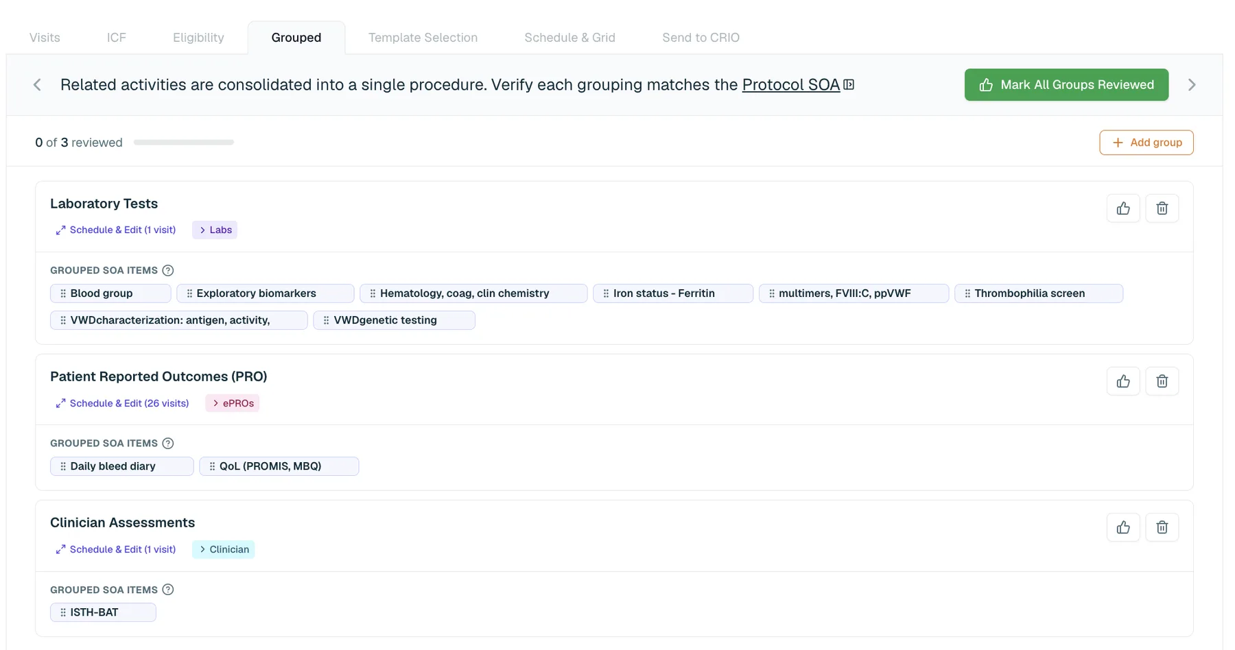 Automatically grouped lab and assessment procedures in AI eSource Builder