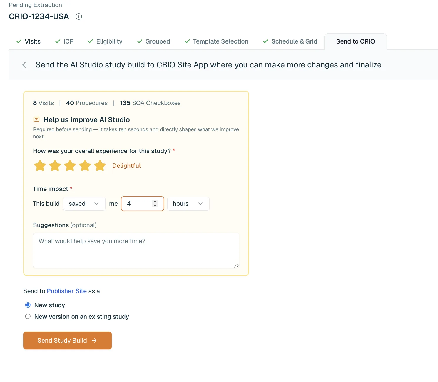 Sending a reviewed build from AI eSource Builder directly into CRIO