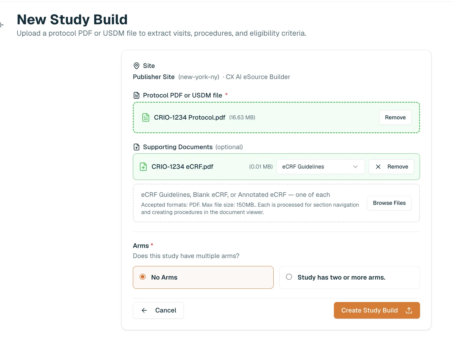 Uploading a study protocol and eCRFs to start a new build in AI eSource Builder